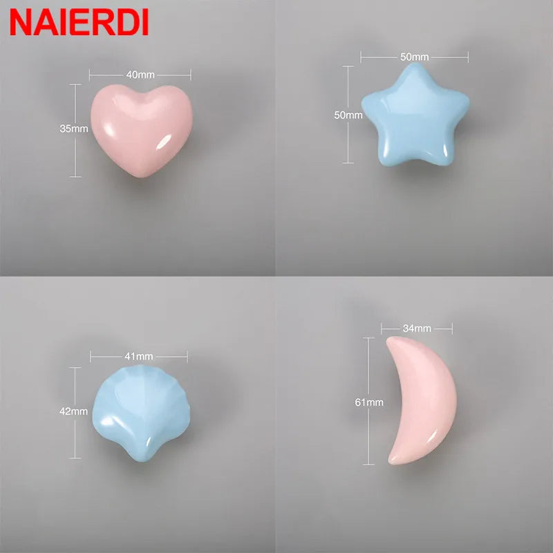 NAIERDI Cartoon Children Room Ceramic Cabinet Knobs Moon Star Wardrobe Handle Garden Door Handle Cabinet Handles for Kids