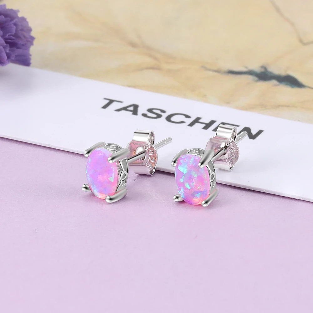 925 Sterling Silver Stud Earrings for Women Cute 4mm Created Oval White Pink Blue Fire Opal Earrings Fine Jewelry (Lam Hub Fong)