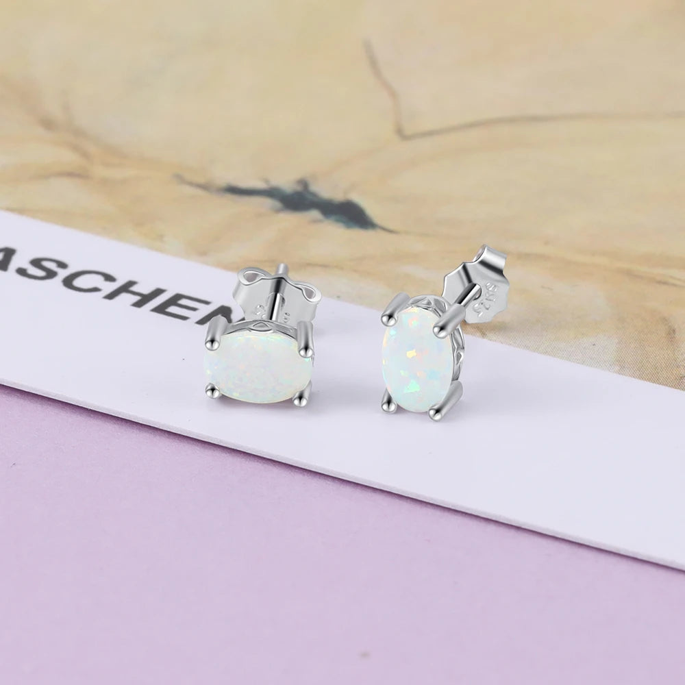 925 Sterling Silver Stud Earrings for Women Cute 4mm Created Oval White Pink Blue Fire Opal Earrings Fine Jewelry (Lam Hub Fong)