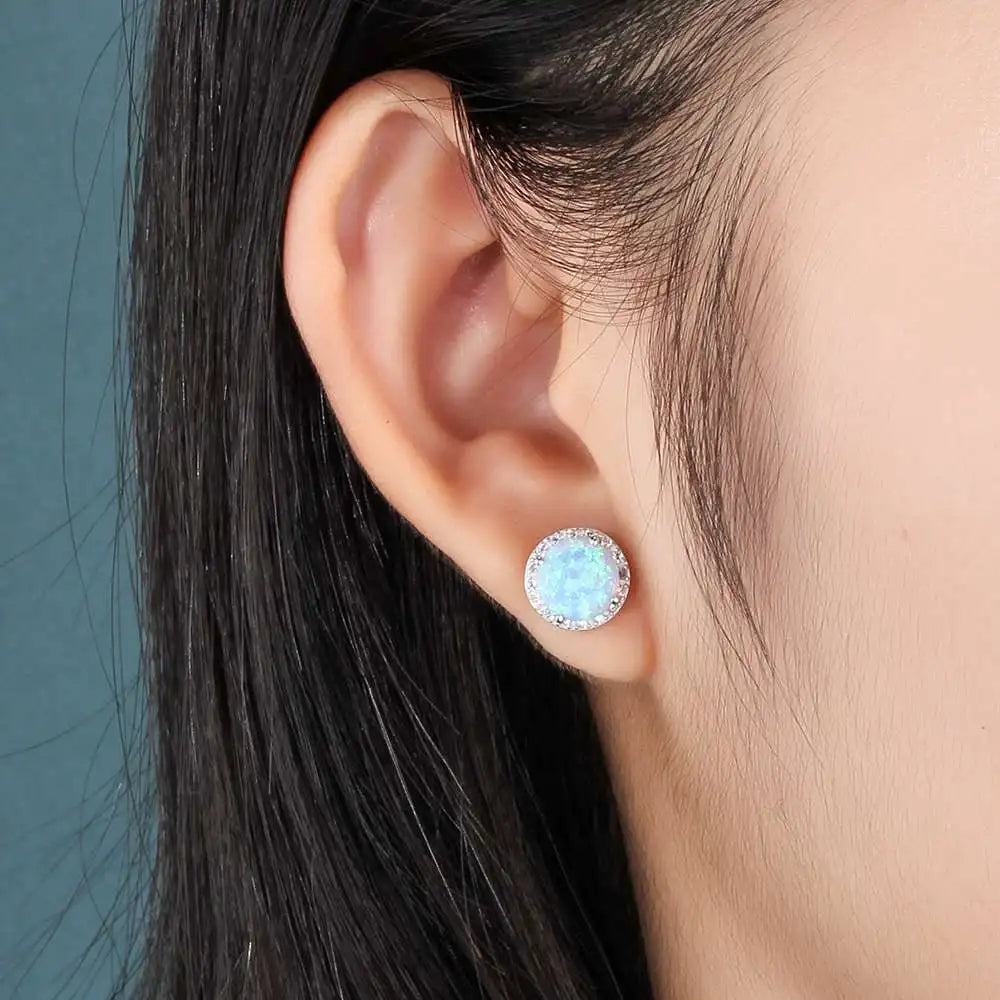 10mm Blue Opal Stone 925 Sterling Silver Stud Earrings Ocean Style Fashion Earrings for Women Gift for Her (Jewelora EA102018)