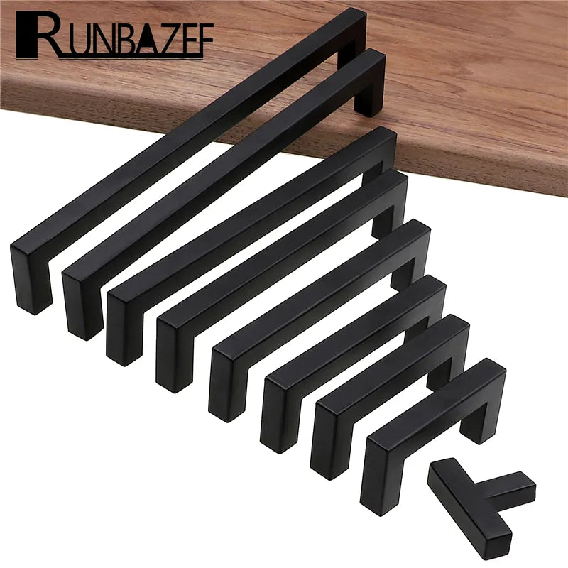 RUNBAZEF Modern Black Cabinet Handle Square Furniture Hardware Stainless Steel Kitchen Door Knobs Cupboard Wardrobe Drawer Pulls