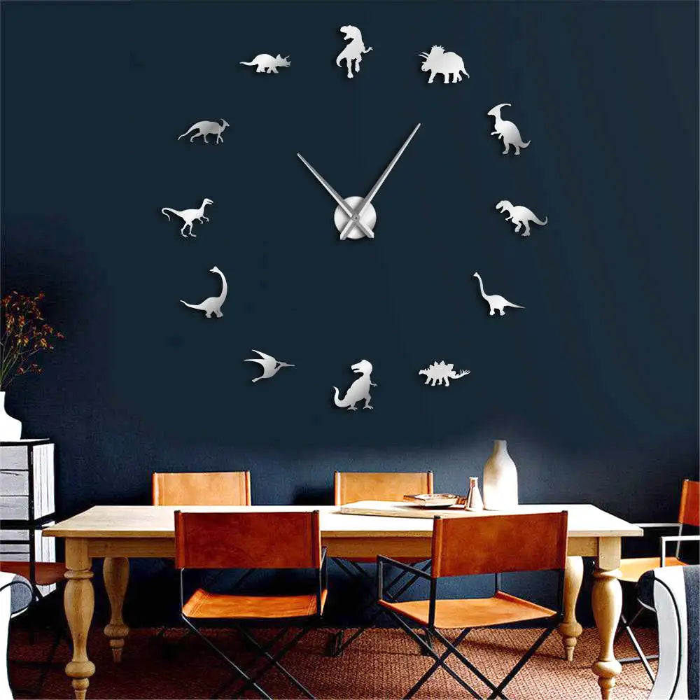 Jurassic Dinosaurs T-Rex Mirror Big Large 3D Wall Clocks Sticker Adhesive DIY Wall Clock Watches Modern Dino Wall Decor