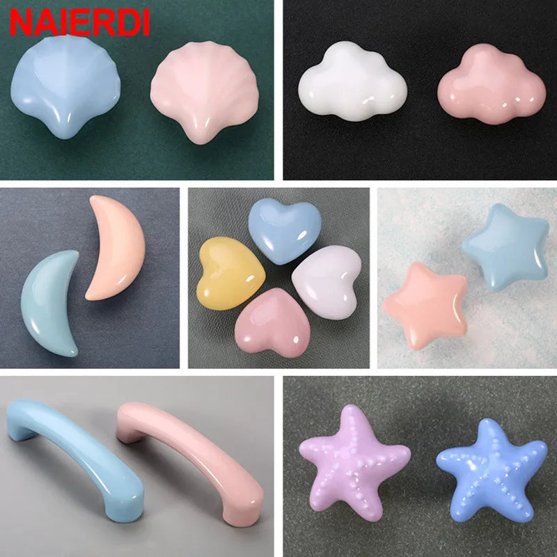 NAIERDI Cartoon Children Room Ceramic Cabinet Knobs Moon Star Wardrobe Handle Garden Door Handle Cabinet Handles for Kids