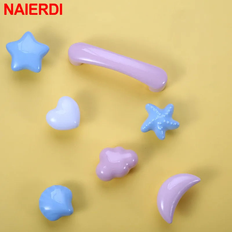 NAIERDI Cartoon Children Room Ceramic Cabinet Knobs Moon Star Wardrobe Handle Garden Door Handle Cabinet Handles for Kids