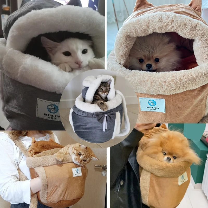 Pet Carrier Bag Small Cat Dogs Backpack Winter Warm Soft Plush Carring Pets Cage Walking Outdoor Travel Kitten Hanging Chest Bag