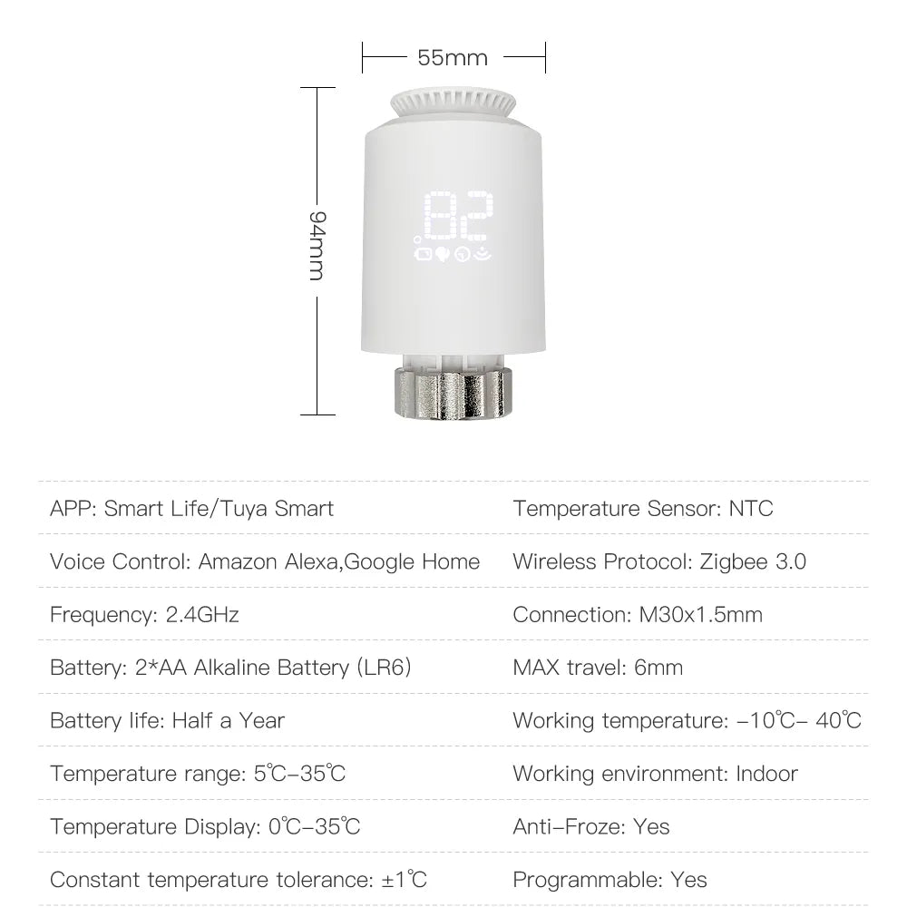 1-5PCS Tuya ZigBee Thermostat Radiator Actuator,Smart TRV Thermostatic Valve Temperature Controller Support Alexa Google Home