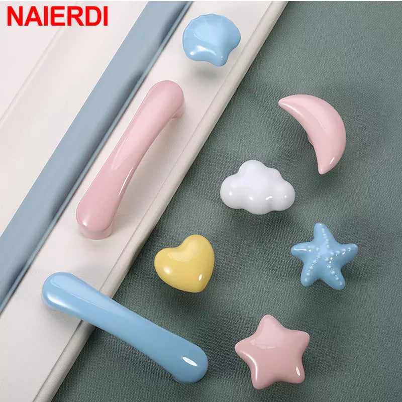 NAIERDI Cartoon Children Room Ceramic Cabinet Knobs Moon Star Wardrobe Handle Garden Door Handle Cabinet Handles for Kids