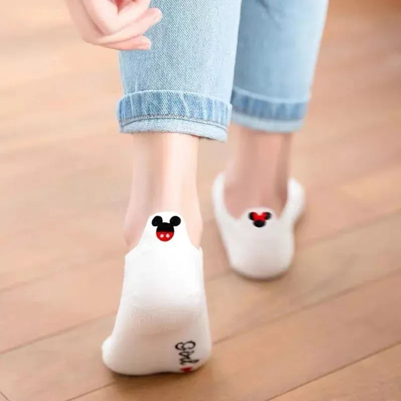 4 pares de calcetines de algodón de corte bajo con dibujos animados de Disney, calcetines náuticos de tubo bajo con dibujos animados de ratón bordado, talla 36-40