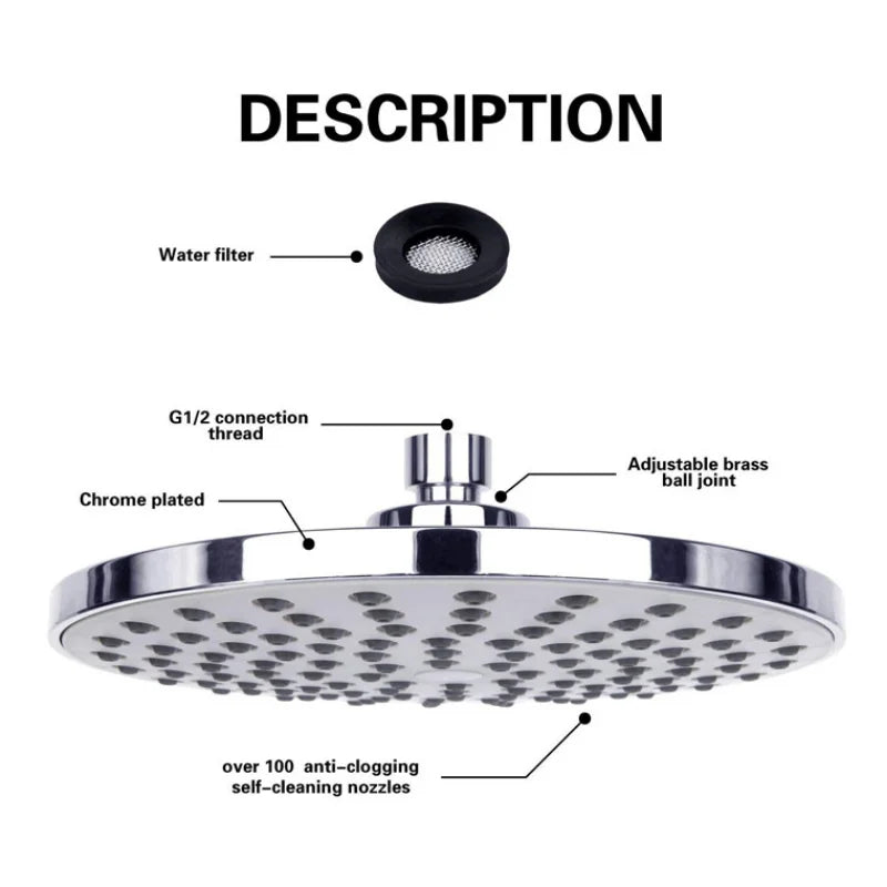 360° Swivel Rainfall Shower Head 8 Inch Ultra-Thin Pressure Boosting Water Saving Showerhead Adjustable Replacement for Bathroom