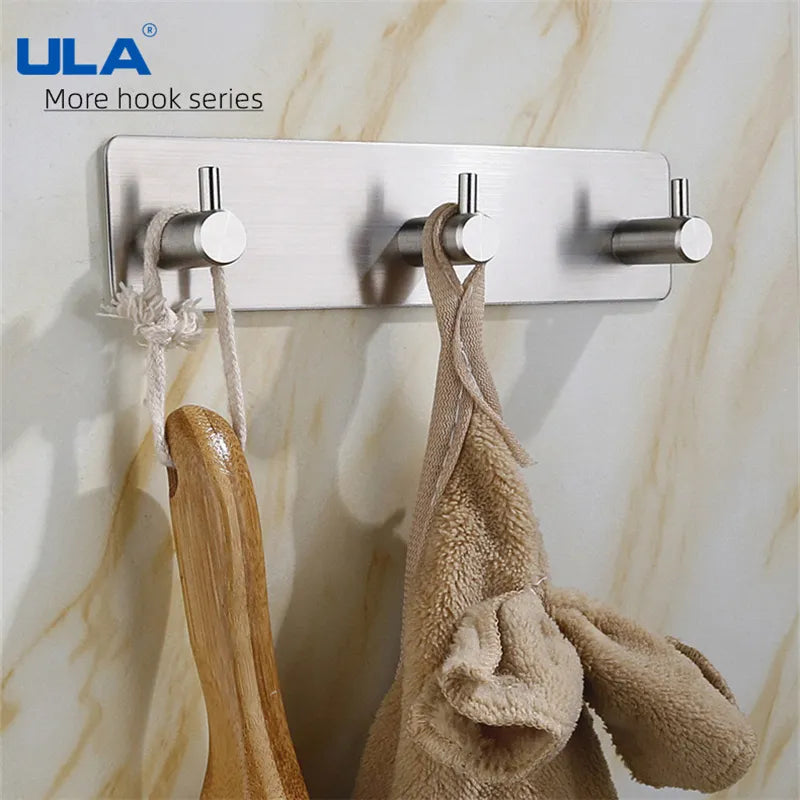 ULA Stainless Steel Wall Hook 3M Sticker Adhesive Door Hook Towel Clothes Robe Rack Toilet Accessories Shower Accessories