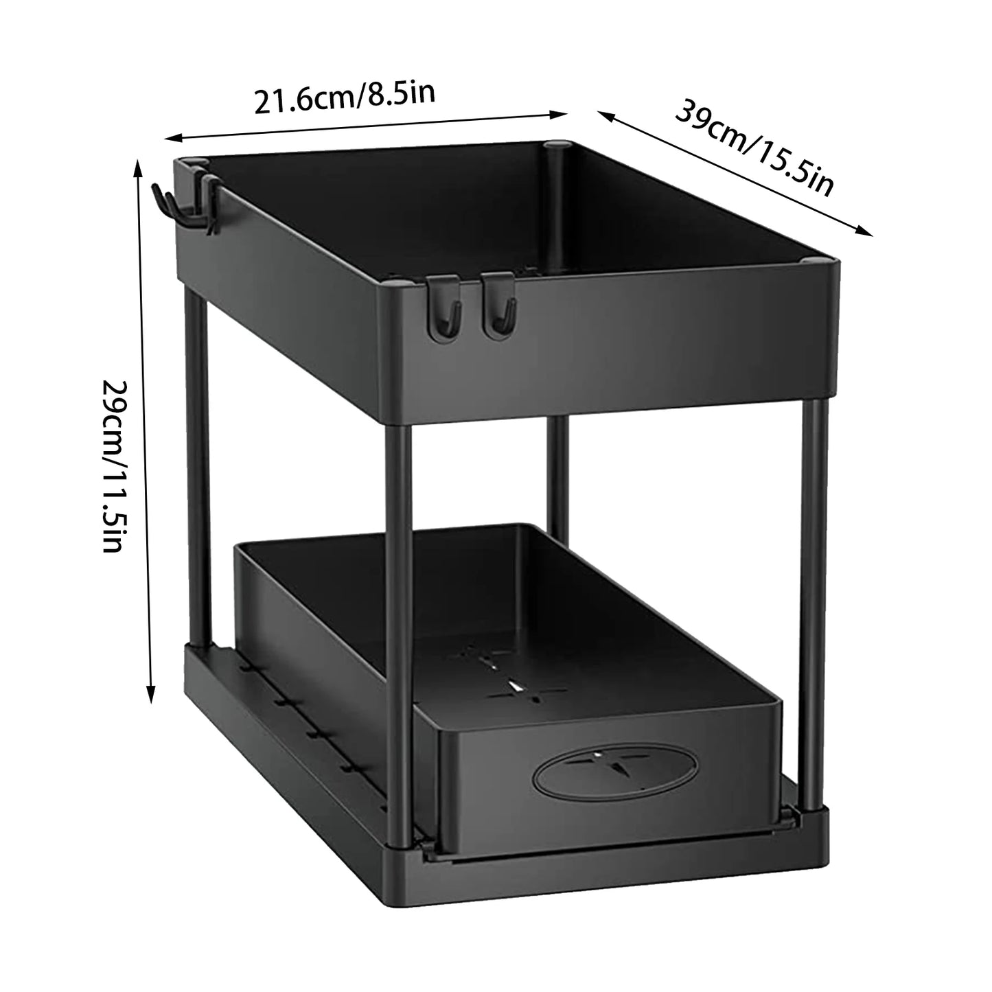 2 Tier Under Sink Organizer Sliding Cabinet Basket Organizer Storage Rack with Hooks Hanging Cup Bathroom Kitchen Organizer