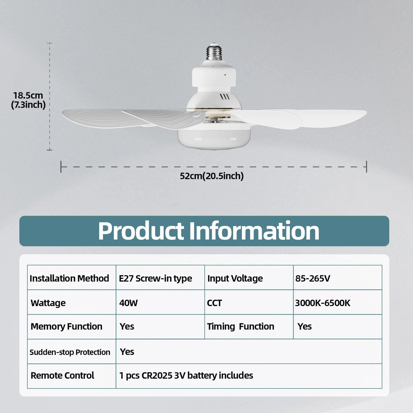 LED 40W ceiling fan light E27 with remote control for dimming, suitable for living room, study, household use, 85-265V